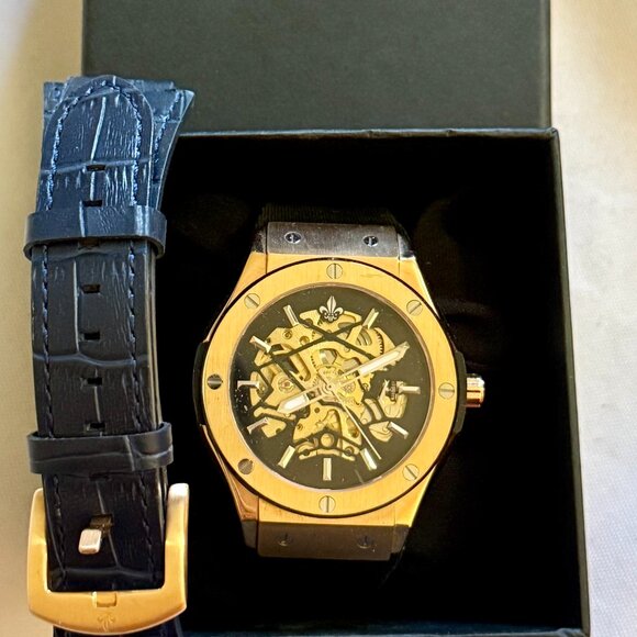 Ralph Christian Luxury Automatic Skeleton Gold/Black Tone Silicone Strap Watch. - Picture 1 of 8